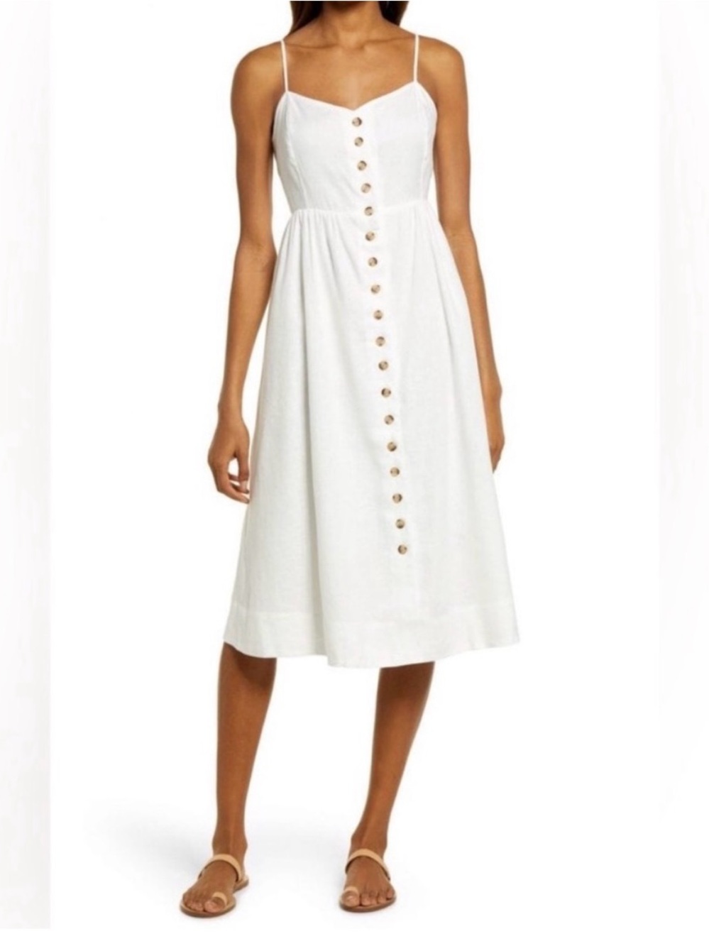 Madewell White Spaghetti-Strap Button-Front Midi Dress